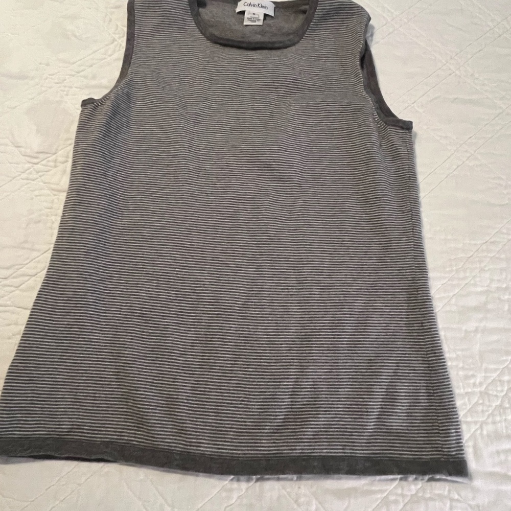 Calvin Klein 2 Piece Tank Top Cardigan Set Women 100% Cotton Gray White Stripe M - Picture 11 of 16
